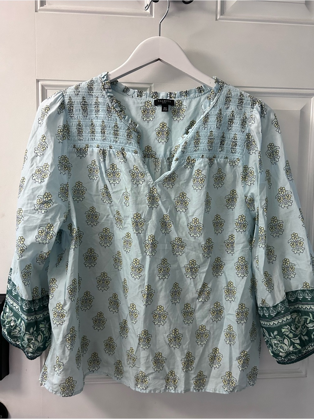 Talbots Light Blue Floral Print Split-Neck Blouse with Green Cuffs